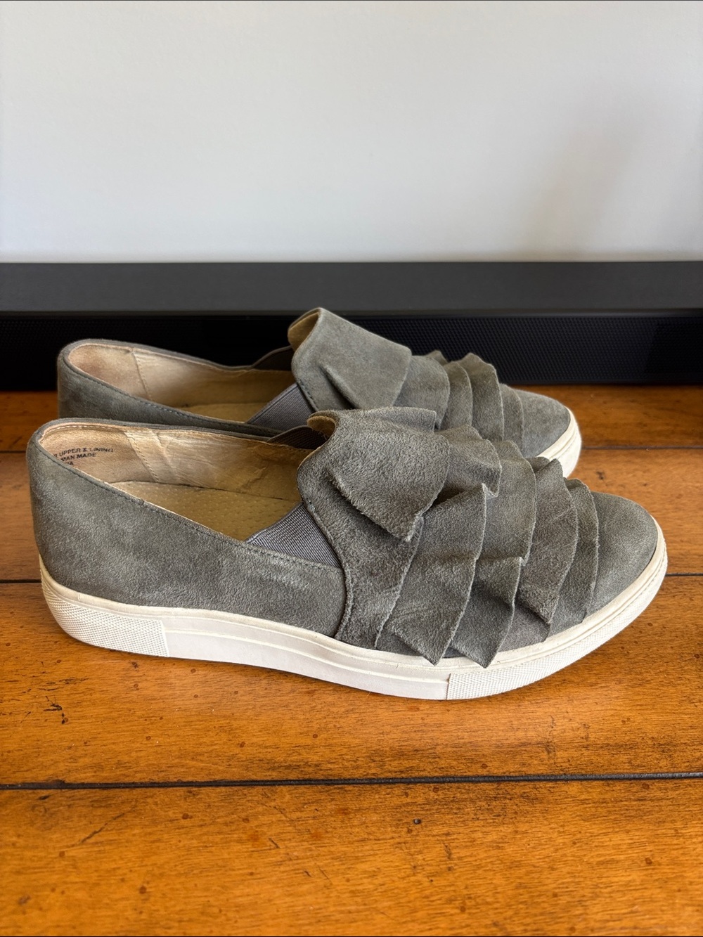 Seychelles Gray Suede Ruffle Slip-On Sneakers with White Platform